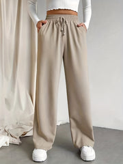 Drawstring Waist Straight Leg Pants High Waist Casual