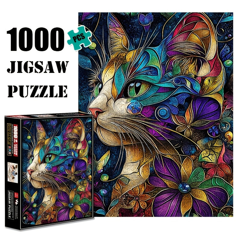 1000pcs Large Puzzle Floral Cat Purple Green Orange Pink Yellow Challenging