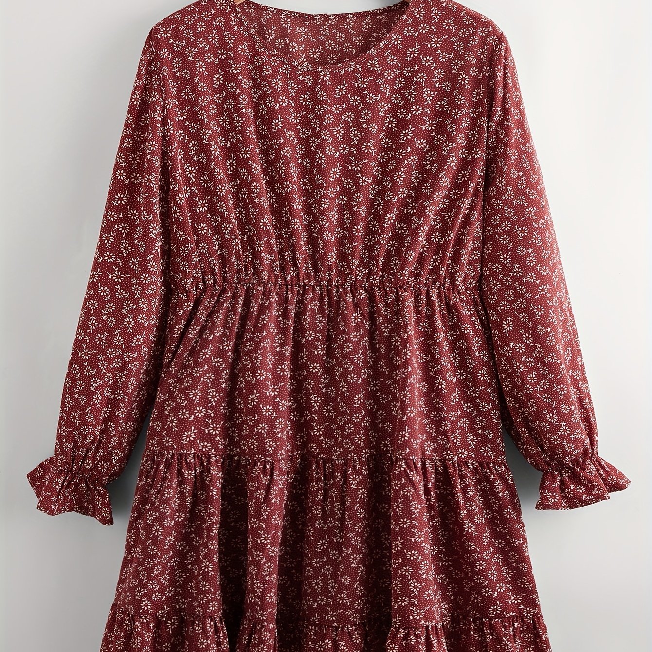  Boho Dress Ditsy Floral Print Ruffle Trim Smock Dress