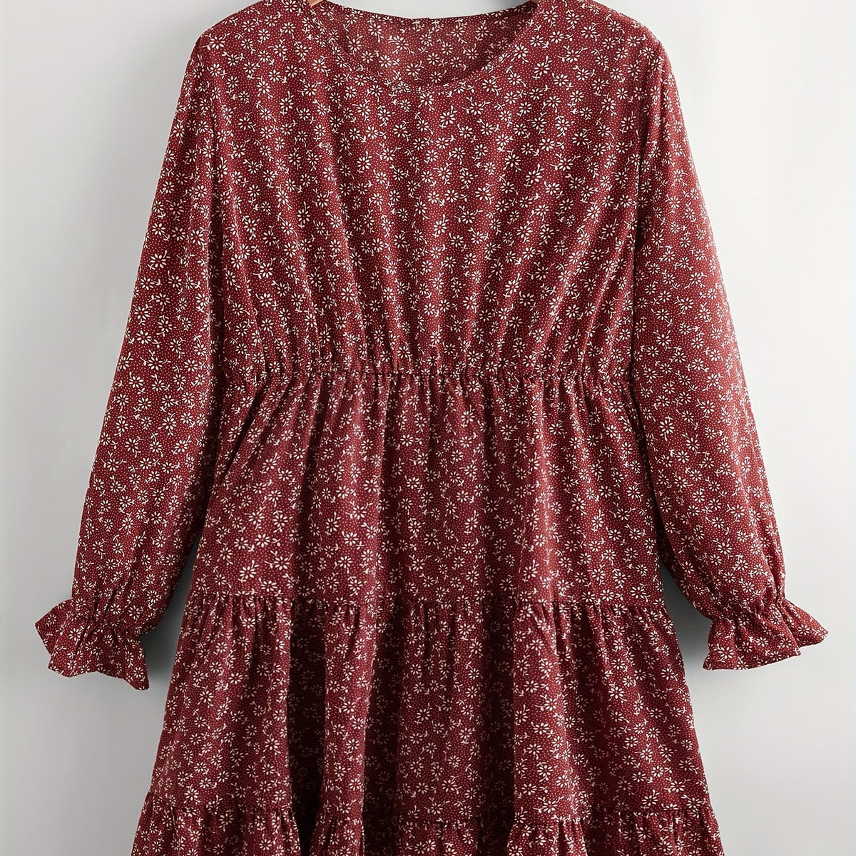  Boho Dress Ditsy Floral Print Ruffle Trim Smock Dress