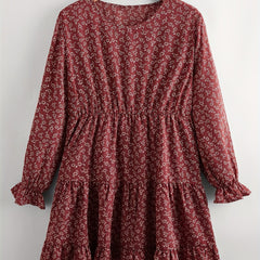  Boho Dress Ditsy Floral Print Ruffle Trim Smock Dress