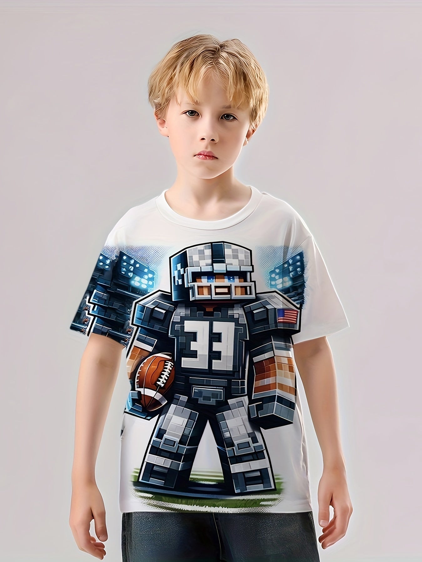 Pixel Football Player Tee Boy's Short Sleeve Crew Neck T shirt Kids