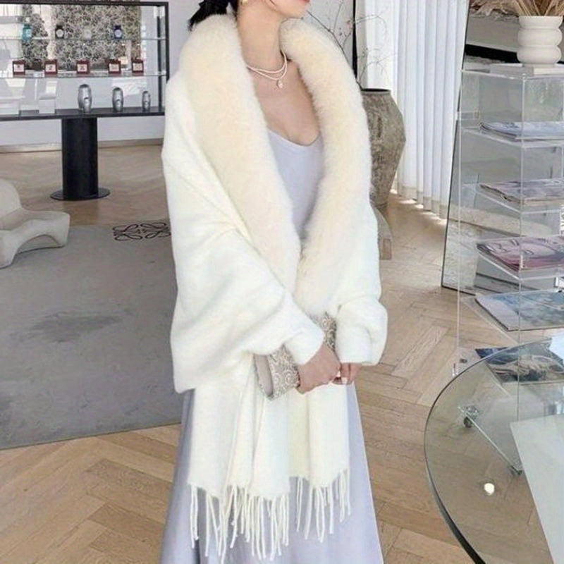 Beige Mink Shawl Plush Collar Knitted Warm Sweaters Cardigan