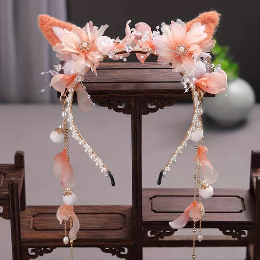 Faux Pearl Cat Ears Head Hoop with Tassel Hair Band