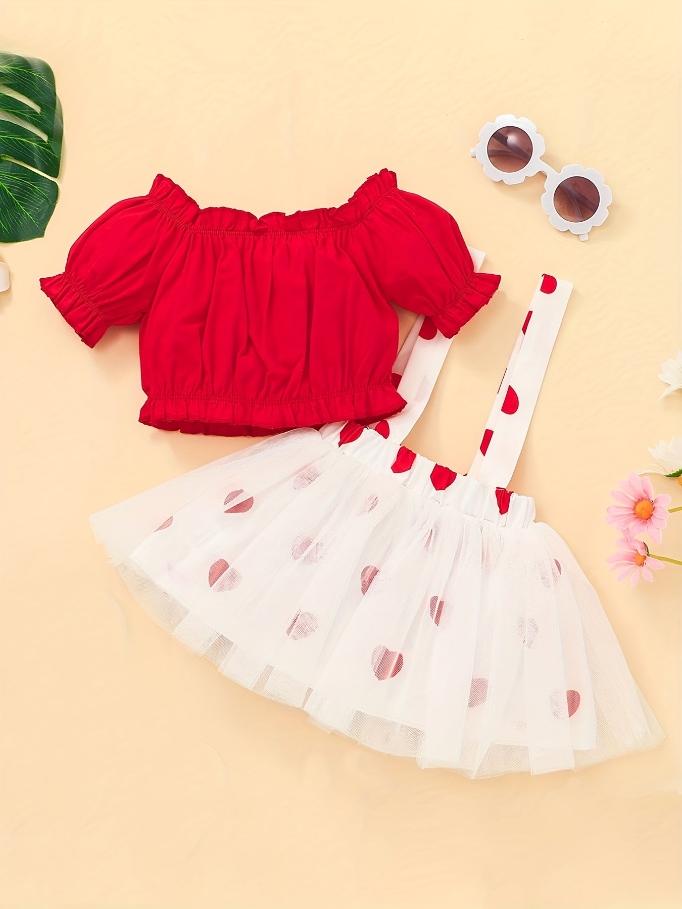 Baby Girls Off Shoulder Top Mesh Suspender Skirt