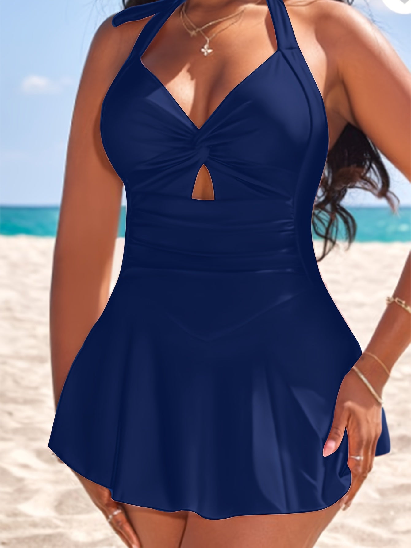  Swimsuit Solid Twist Front Ruched Skirted Halter One Piece