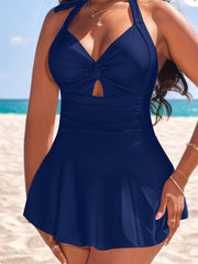  Swimsuit Solid Twist Front Ruched Skirted Halter One Piece
