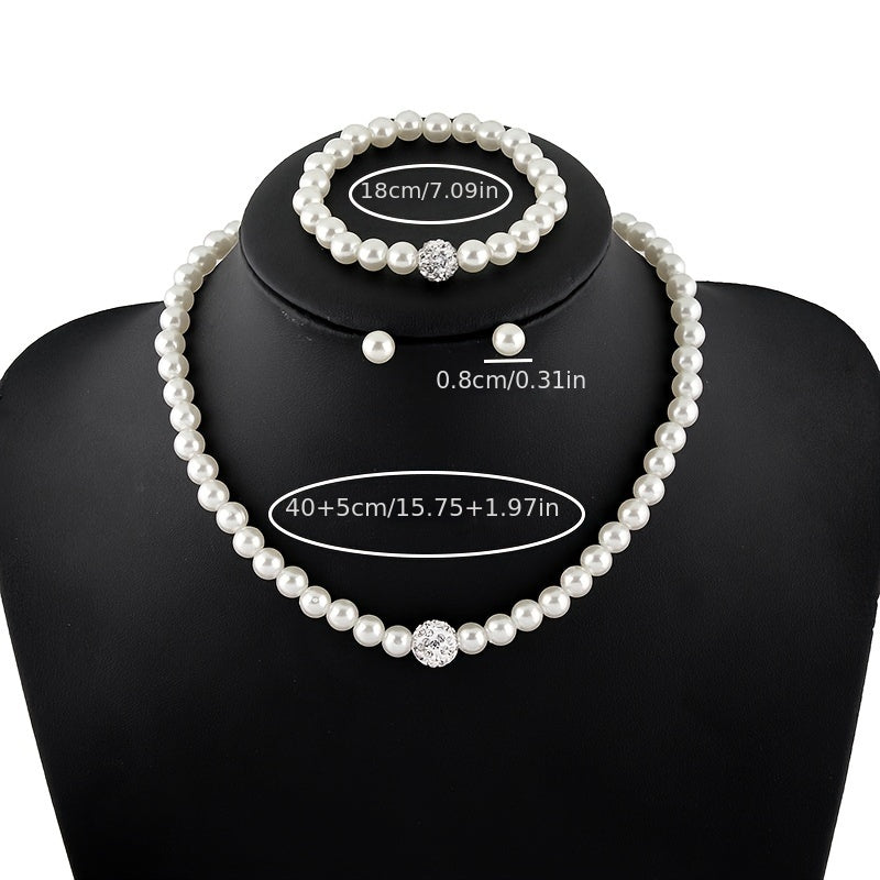 Faux Pearls Jewelry Set Choker Necklace Bracelet Earrings Crystal Chain
