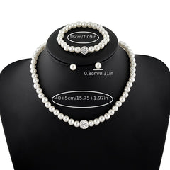 Faux Pearls Jewelry Set Choker Necklace Bracelet Earrings Crystal Chain