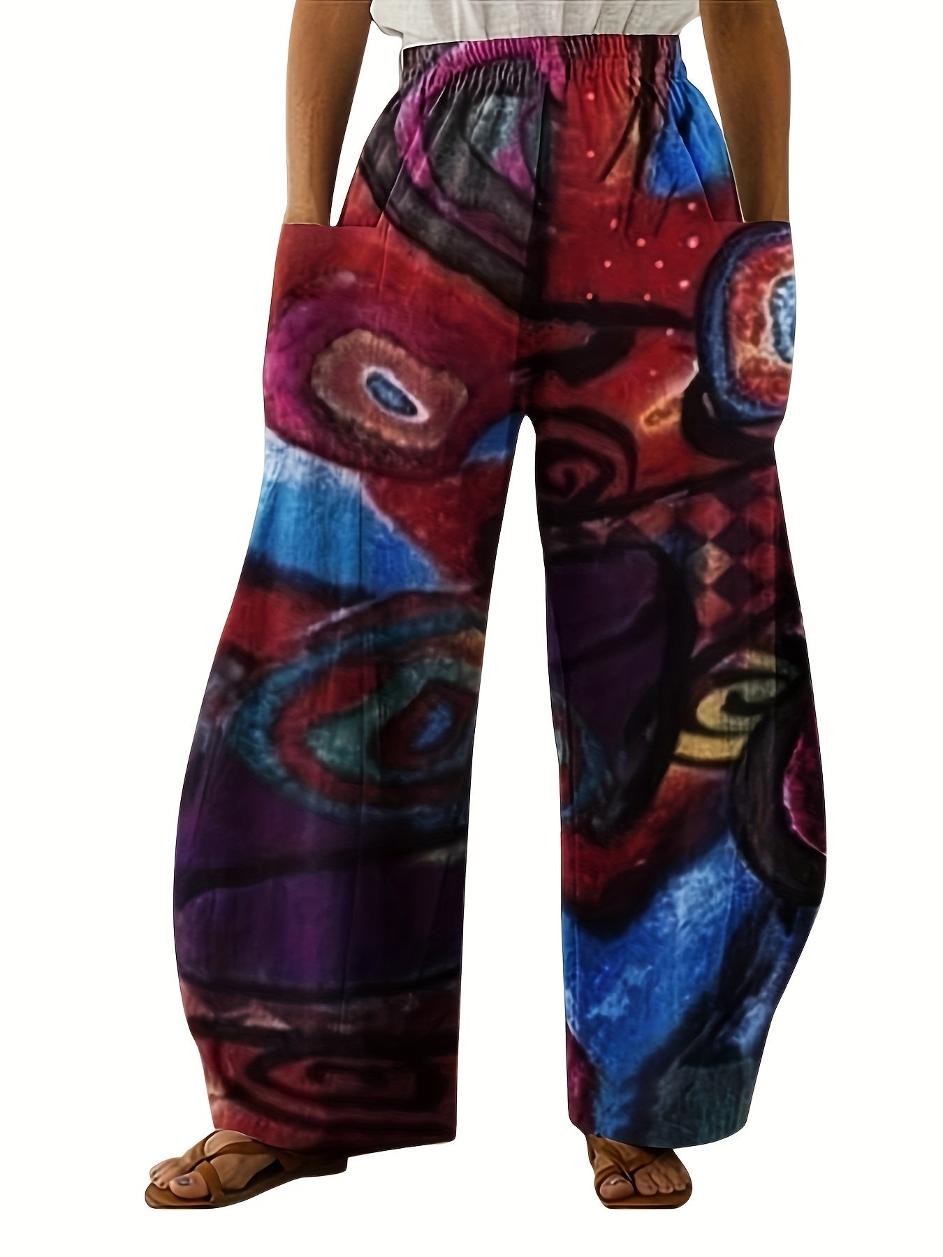  Geometric Print Wide Leg Pants Women's Casual Non Stretch Pants