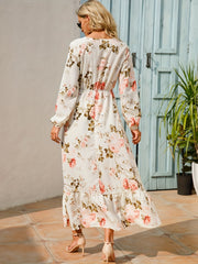 Floral Print Long Sleeve Tiered Dress Crew Neck