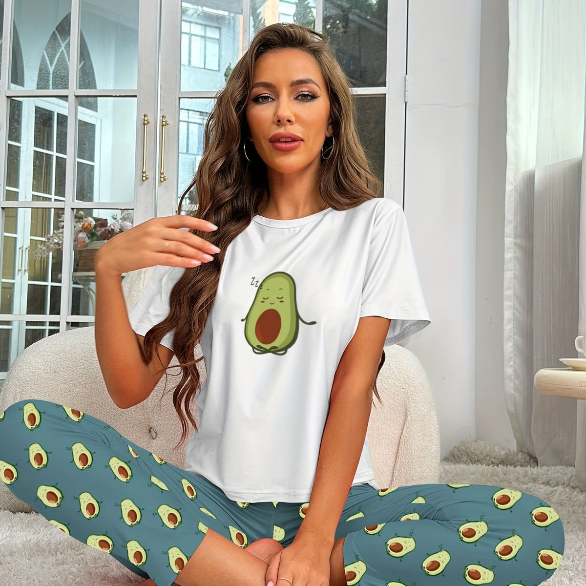 Avocado Print Pajamas Set Short Sleeve Crew Neck Top & Pants