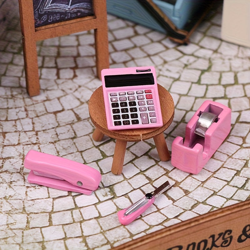 4pcs Mini Metal Desk Accessories Set Scissors Pens Highlighters Sticky Notes