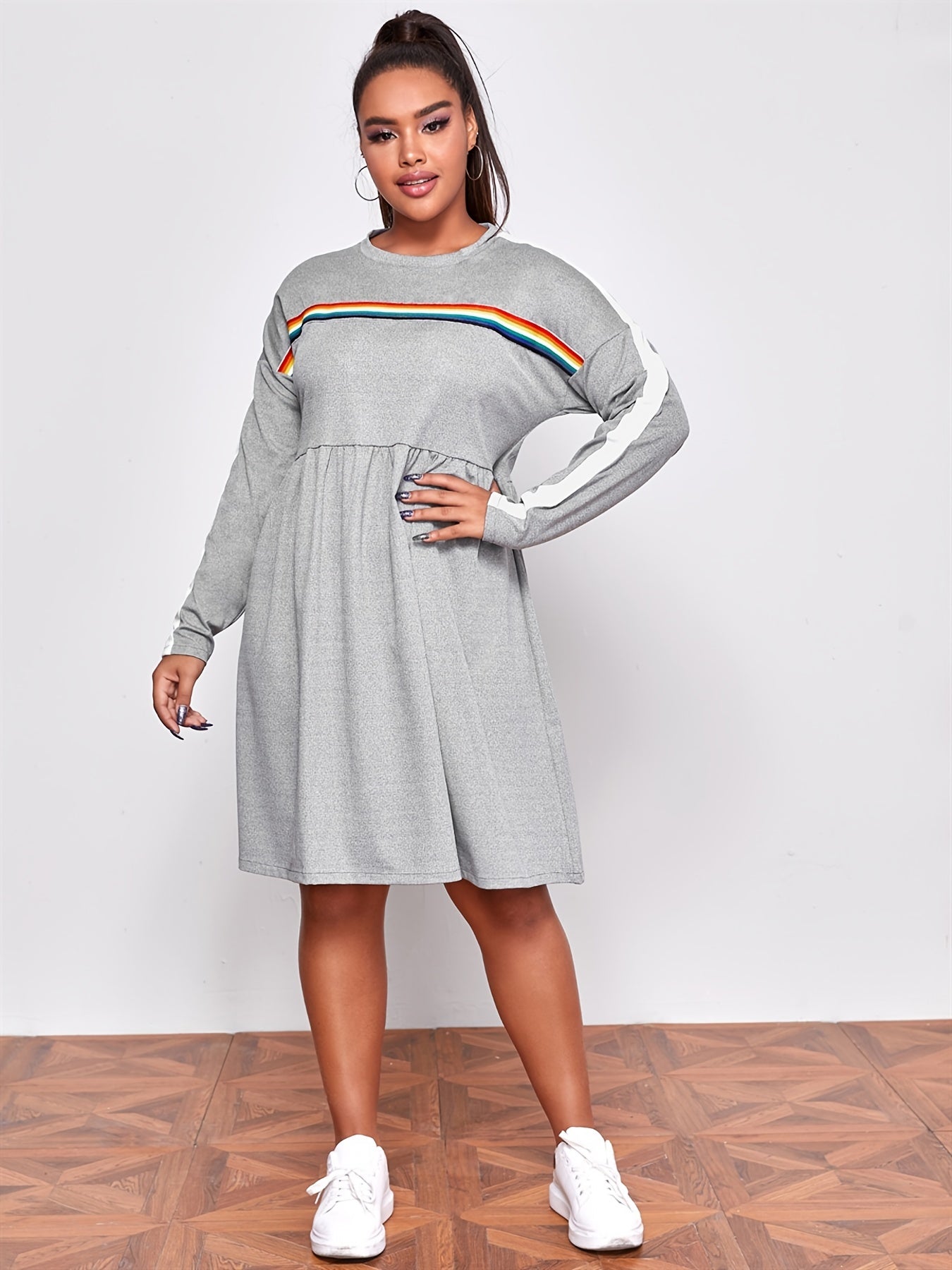  Rainbow Striped Midi Tee Dress Women's Plus Stretch Sporty Tee Dress