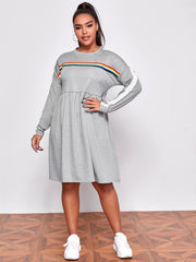  Rainbow Striped Midi Tee Dress Women's Plus Stretch Sporty Tee Dress
