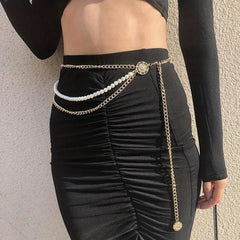 Metal Waist Chain Faux Pearl Dress Chain Pendant Tassel Jewelry
