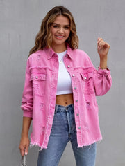 Oversized Denim Jacket Distressed Collar Long Sleeves Denim Coat