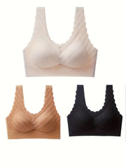3pcs Scallop Trim Wireless Bras Push Up Comfy Breathable Women's Lingerie