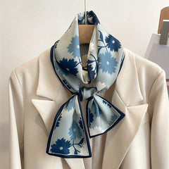 Flower Print Long Scarf Satin Ribbon Neckerchief Classic Twilly Scarf