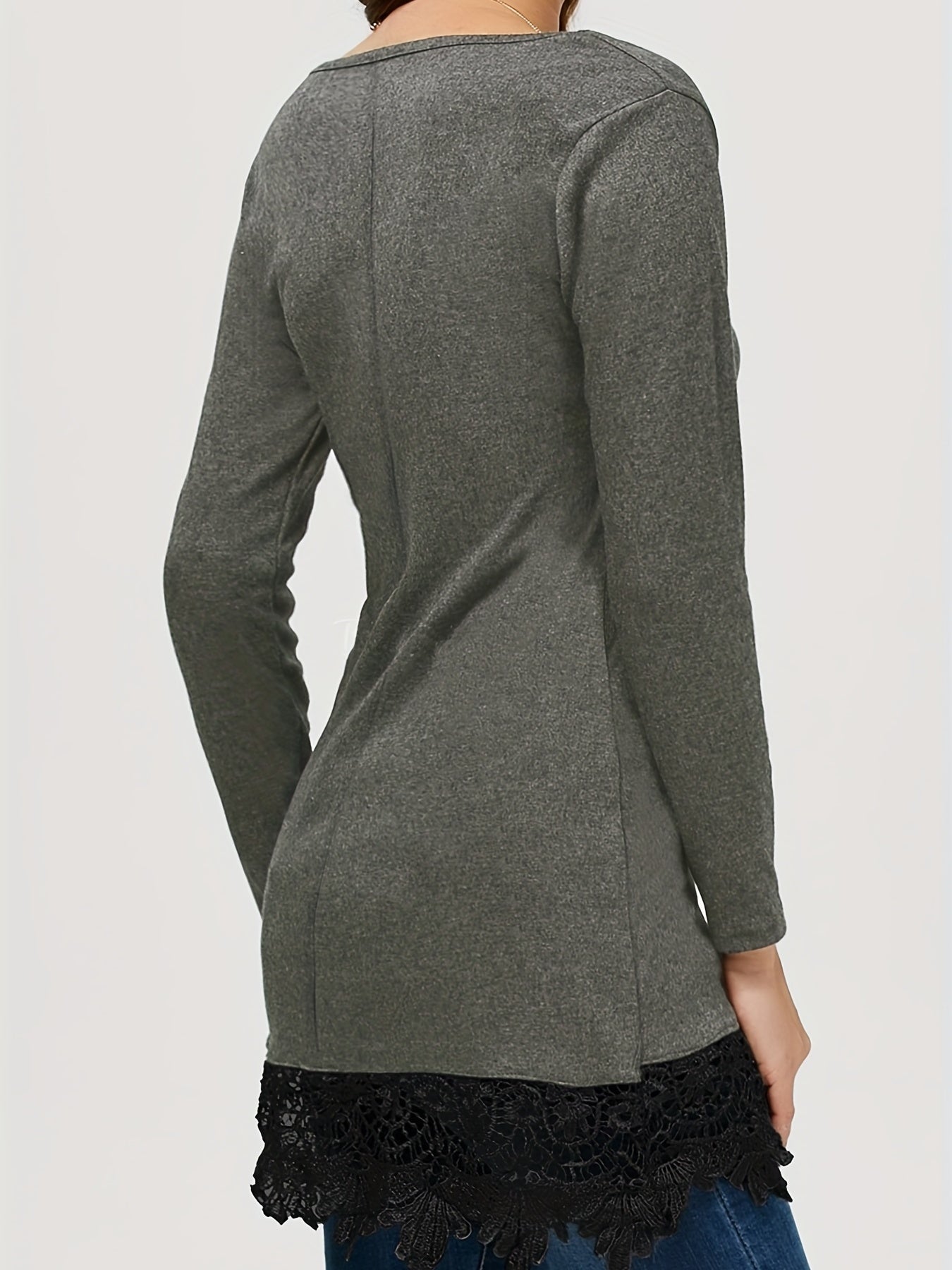  Lace Trim Long Sleeve Round Neck Dress