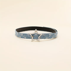 Rhinestone Pentagram Buckle Belt Denim Washed Distressed PU Leather Hip Hop