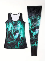 Wolf & Flower Print Two piece Set Casual Sleeveless Tank Top & Skinny Leggings