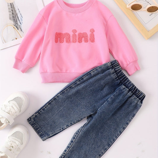 Infant Baby Spring Autumn Letter Sweatshirt Denim Trousers Set