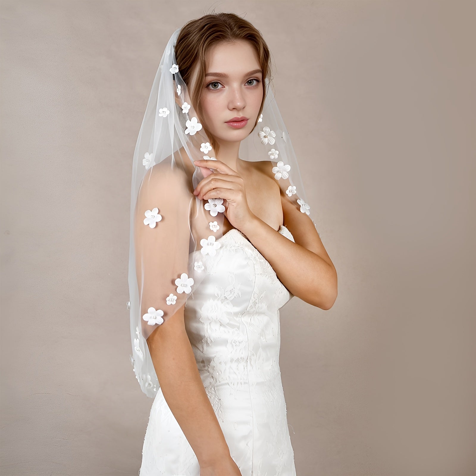 Sheer Bridal Veil Headpiece with Floral Embellishments