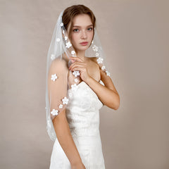 Sheer Bridal Veil Headpiece with Floral Embellishments