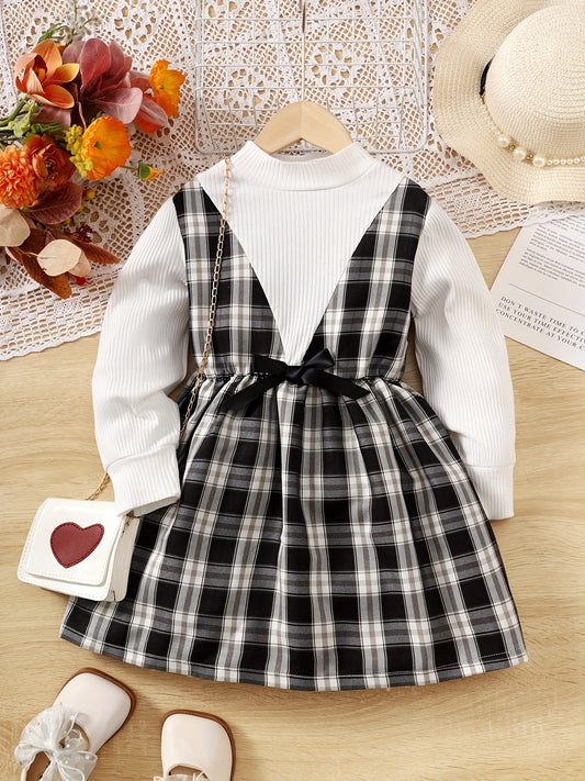 Toddler Girls Plaid Casual Dress Set with Bow