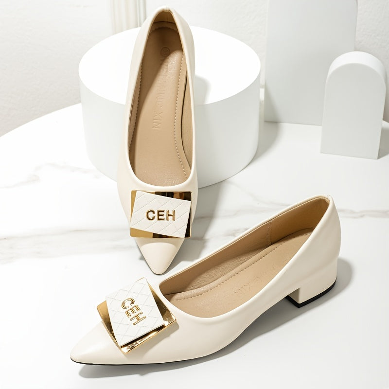 Women's Metallic Buckle Slip On Block Heel Shoes