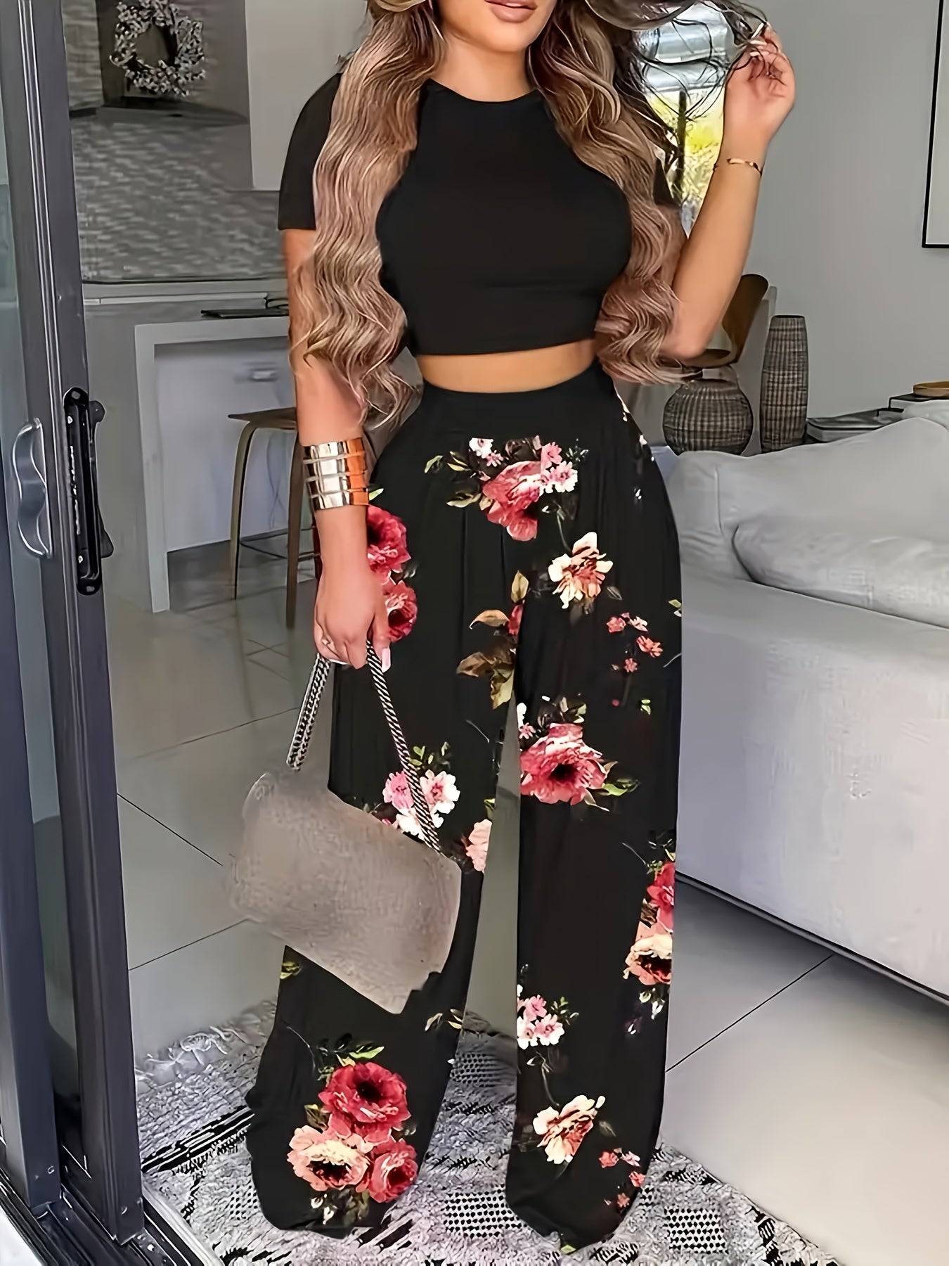  Floral Print High Rise Wide Leg Trousers
