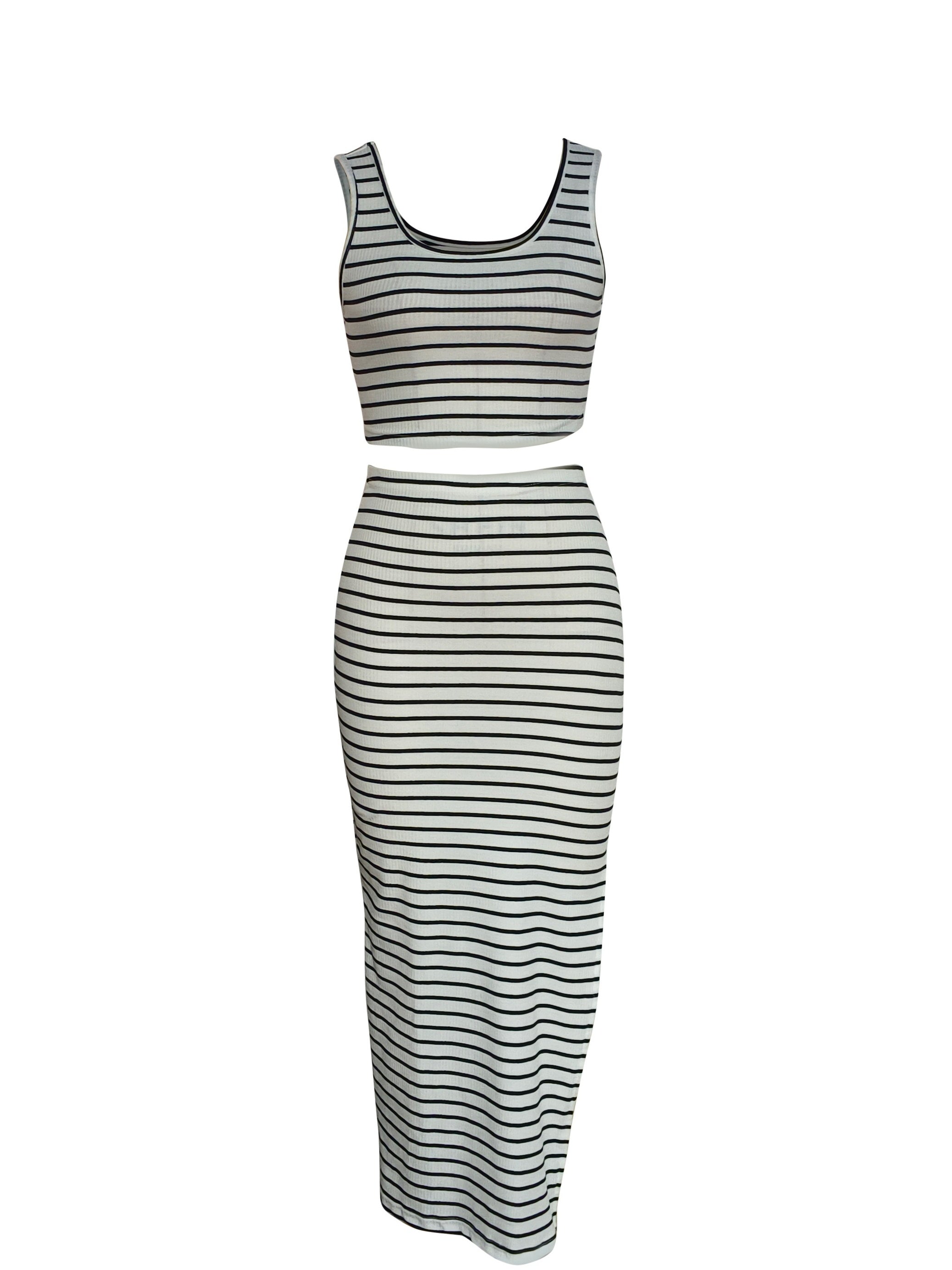 Striped Print 2pc Set Tank Top & Split Skirt Outfit Women's Clothing