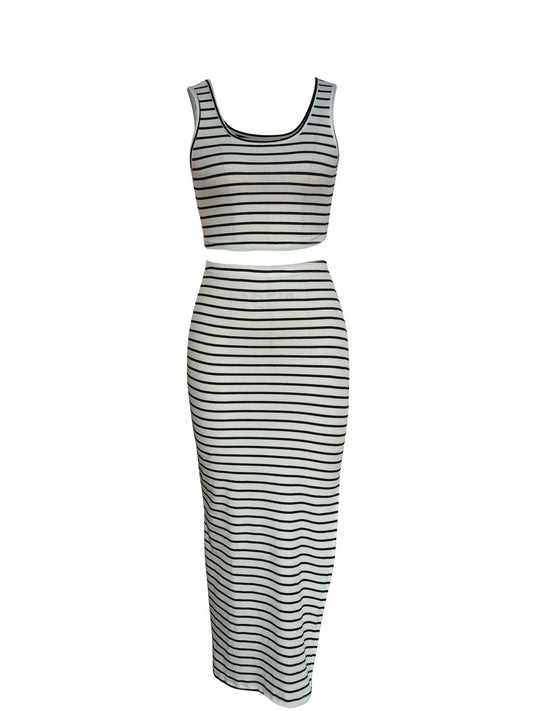 Striped Print 2pc Set Tank Top & Split Skirt Outfit Women's Clothing