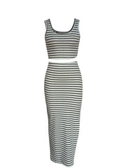 Striped Print 2pc Set Tank Top & Split Skirt Outfit Women's Clothing