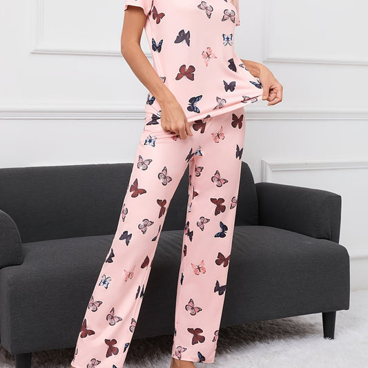 Butterfly Print Pajama Set Short Sleeve Crew Neck Top & Pants Women's Sleepwear