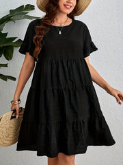  Solid Ruffle Trim Short Sleeve Round Neck Smock Dress