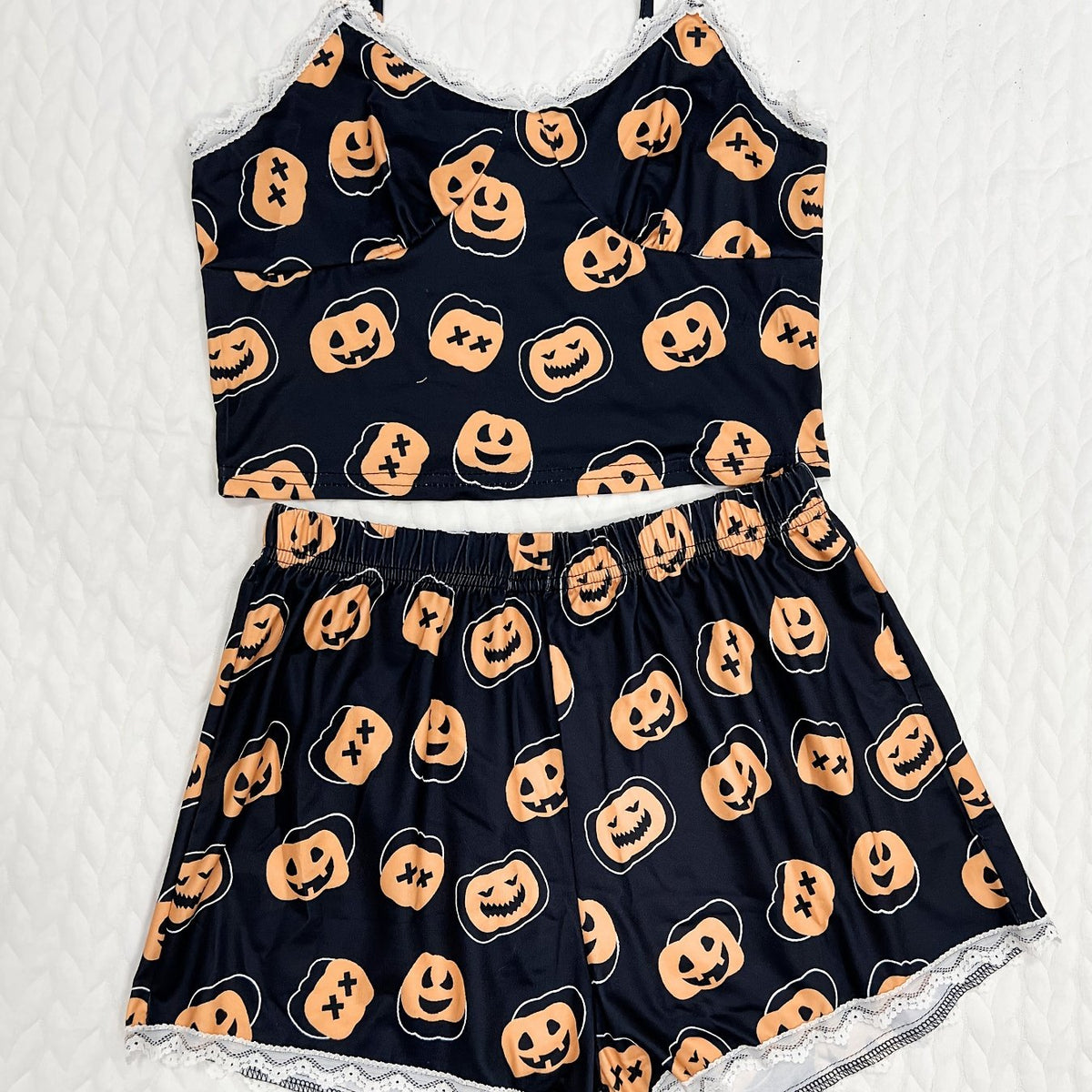 Pumpkin Print Pajama Set V Neck Cami Top & Lace Trim Shorts
