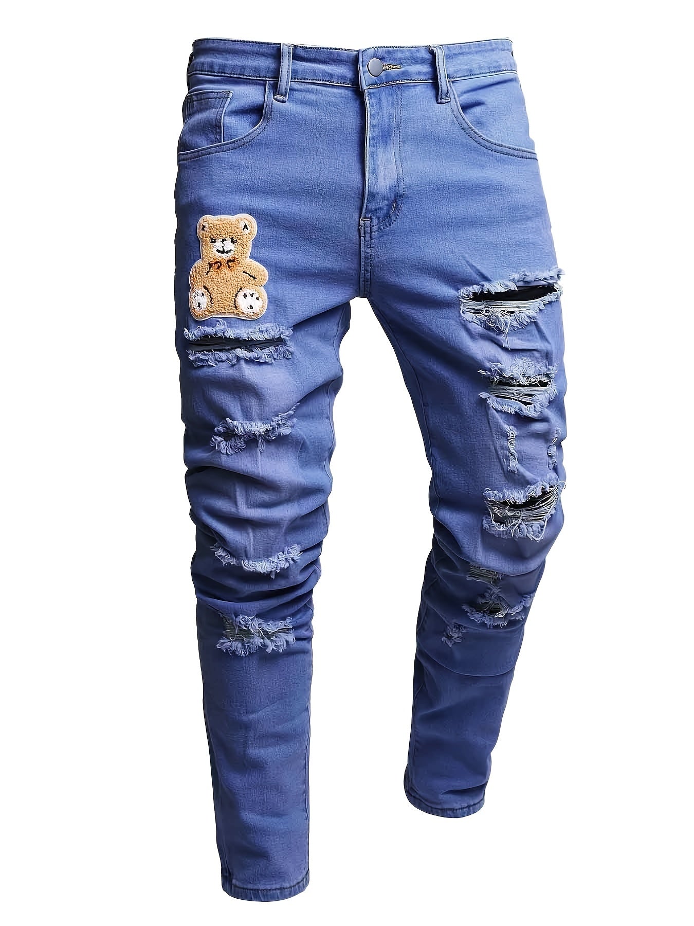 Men's Ripped Washed Slim Fit Jeans with Embroidered Bear Patch