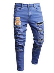 Men's Ripped Washed Slim Fit Jeans with Embroidered Bear Patch