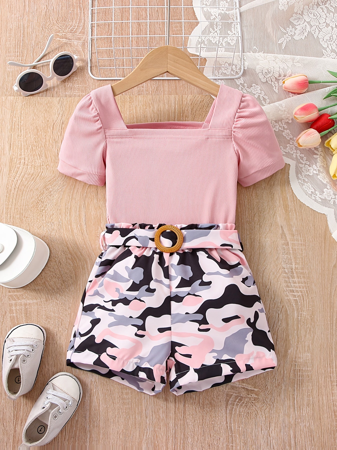 Girls Square Neck Top & Camouflage Shorts Set Kids Summer Clothes