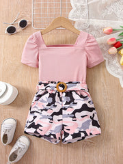 Girls Square Neck Top & Camouflage Shorts Set Kids Summer Clothes
