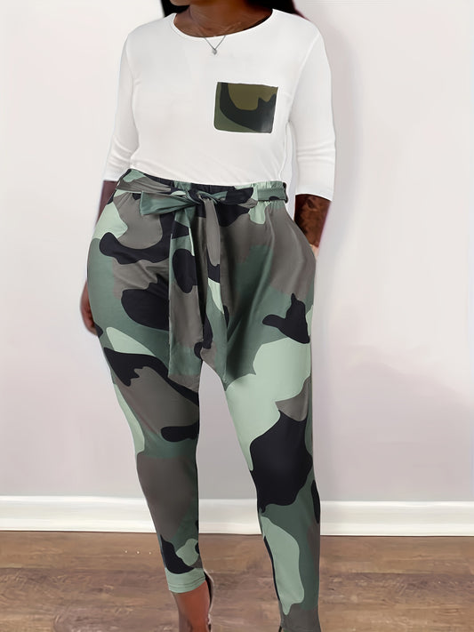  Colorblock Camo Print Top & Pants Set
