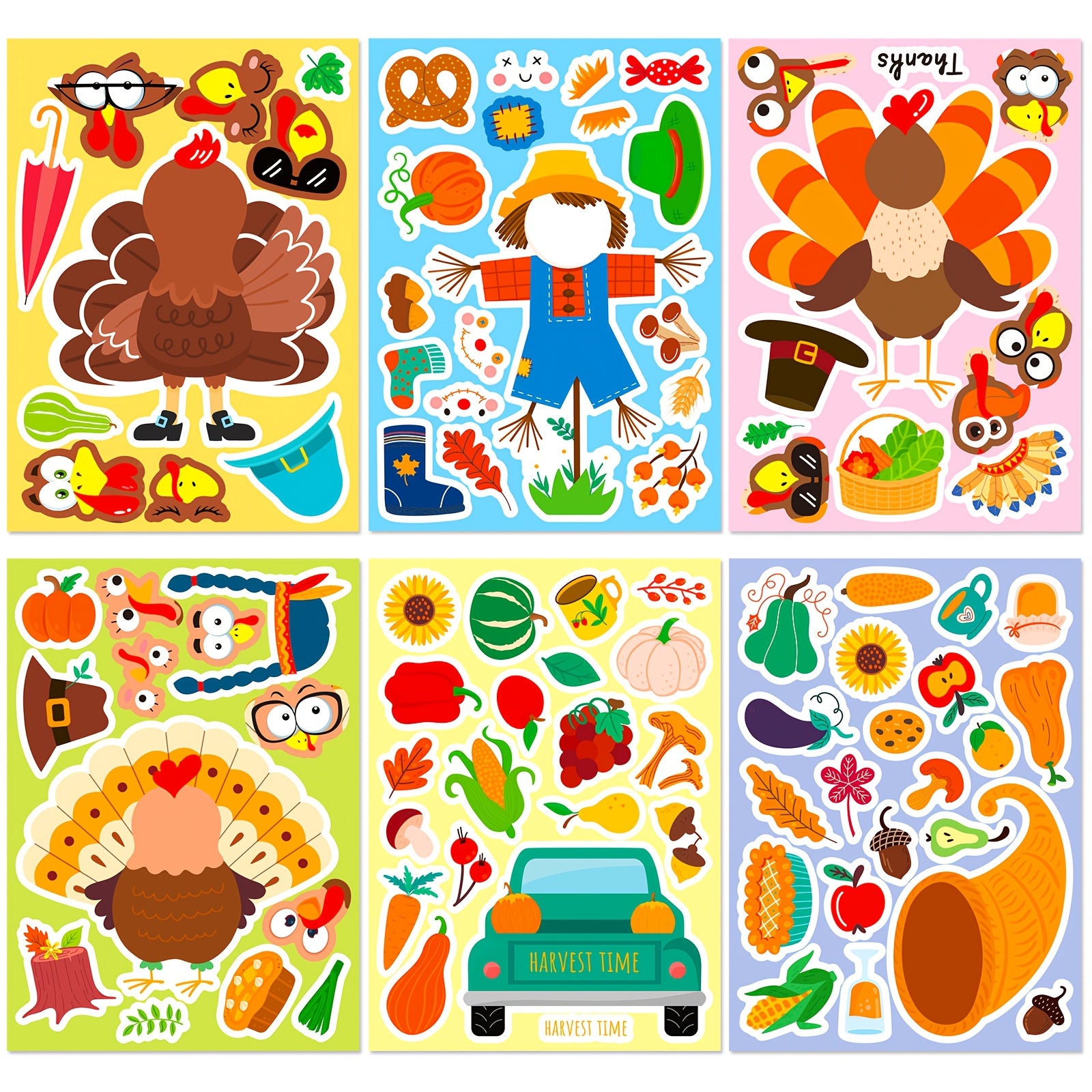 6 Turkey Thanksgiving Puzzle Face Matching DIY Stickers