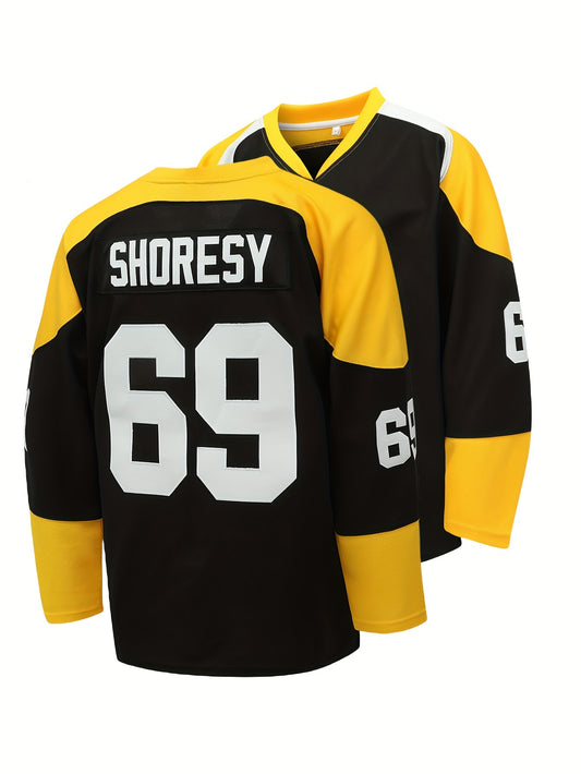 Men's #69 Embroidery Ice Hockey Jersey Vintage V Neck Long Sleeve Uniform