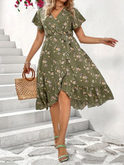 Floral Print Knot Side Wrap Allover Dress