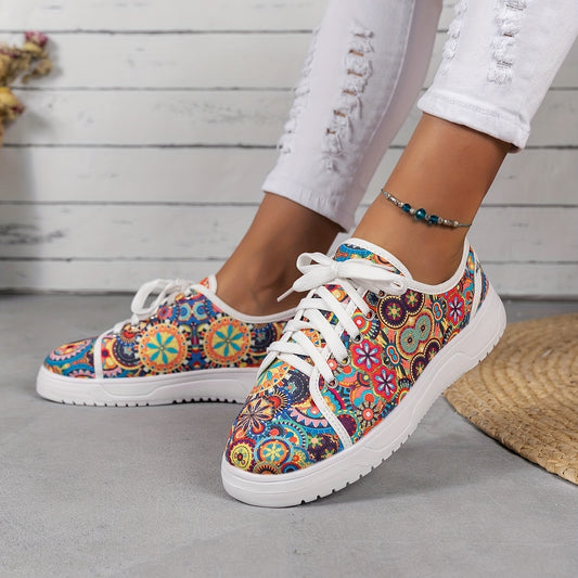 Women's Colorful Print Canvas Sneakers Lace Up Low Top Flat Shoes