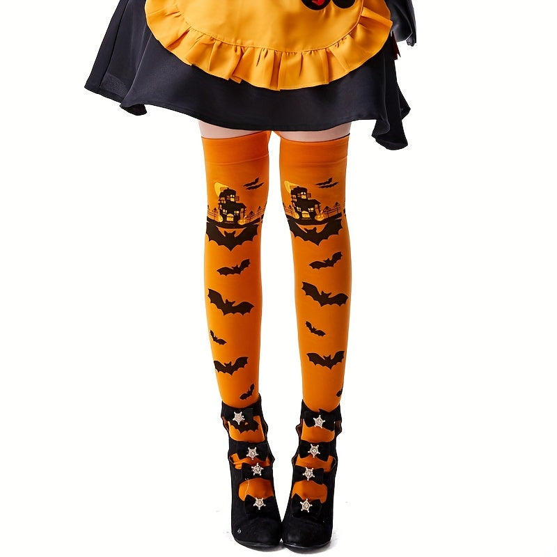 Bat Print Thigh High Socks Halloween Party Over The Knee Stockings