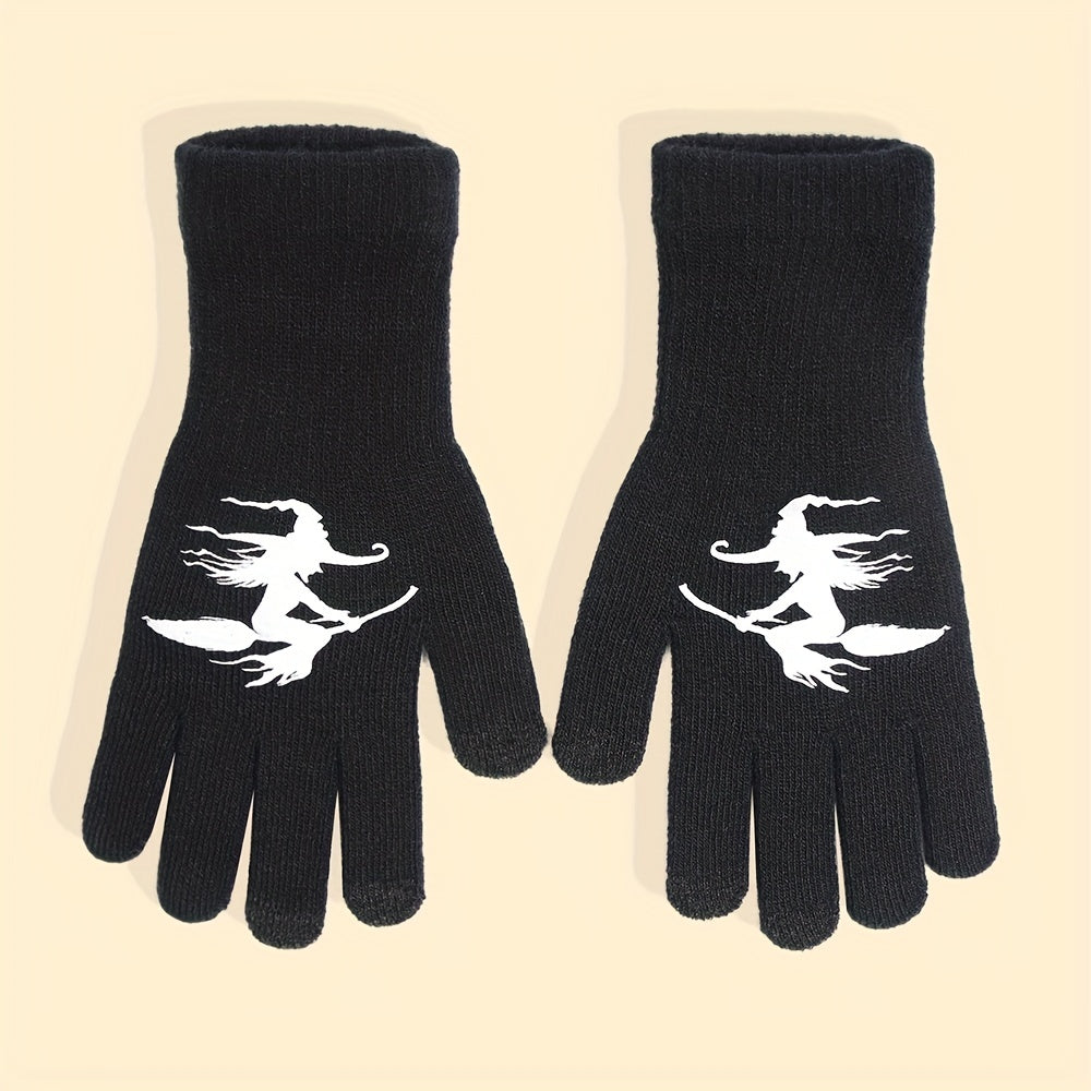 Halloween Witch Touch Screen Knitted Gloves, Windproof Warm Winter Gloves