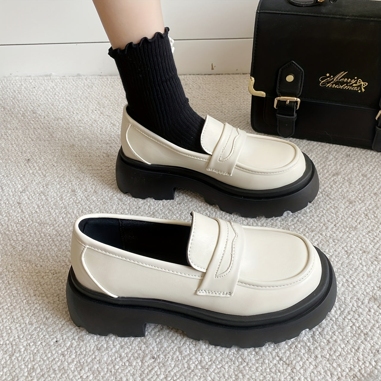 Women's Platform Loafers Slip On Shoes Preppy Style Faux Leather